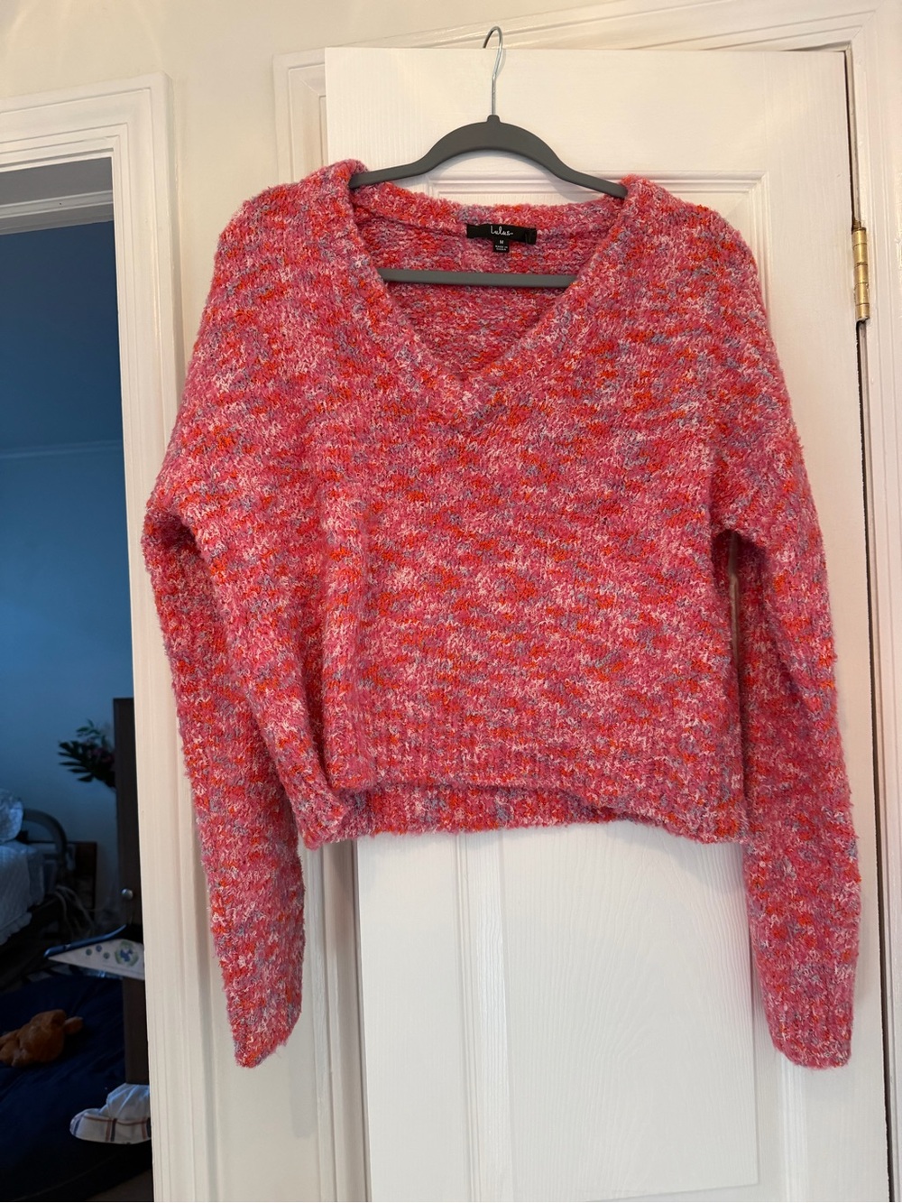 Lulu's Pink Multicolor V-Neck Knit Sweater
